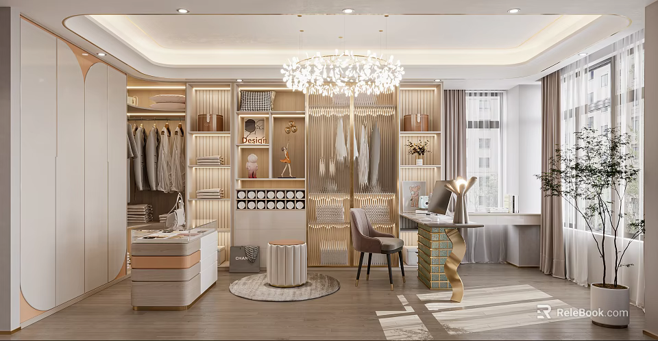 Elegant Walk In Closet Interior With Open Wardrobes Chandelier And Dressing Table 3d model 