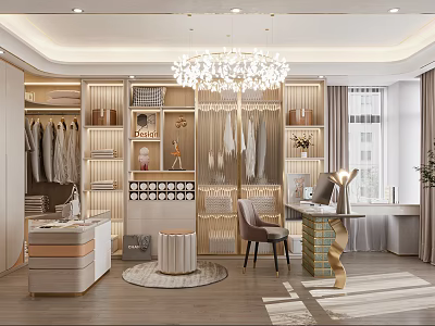 Elegant Walk In Closet Interior With Open Wardrobes Chandelier And Dressing Table 3d model