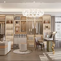 Elegant Walk In Closet Interior With Open Wardrobes Chandelier And Dressing Table