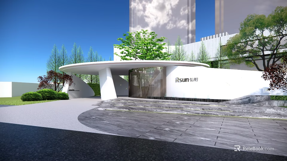 Modern Entrance Gate Design With White Building Green Plants And Stone Steps 3d model 