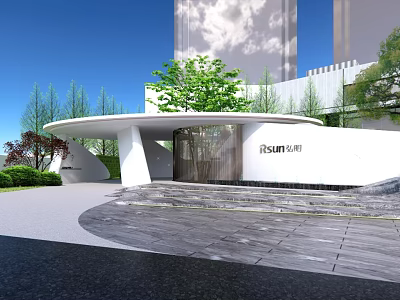 Modern Entrance Gate Design With White Building Green Plants And Stone Steps 3d model