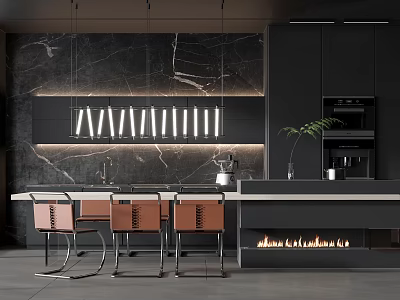 Modern Restaurant Interior With Island Counter Seating Fireplace And Marble Wall 3d model