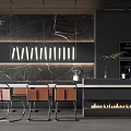 Modern Restaurant Interior With Island Counter Seating Fireplace And Marble Wall