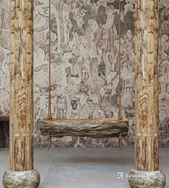 Natural Wood Playground Swing Between Two Posts With Textured Wall And Gray Floor 3d model 