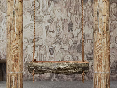 Natural Wood Playground Swing Between Two Posts With Textured Wall And Gray Floor 3d model