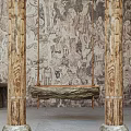 Natural Wood Playground Swing Between Two Posts With Textured Wall And Gray Floor