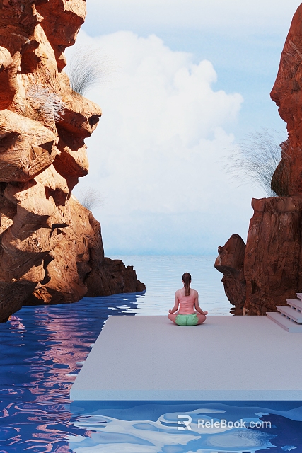 Tranquil Scenic View Between Rocky Cliffs Calm Water Reflecting Clear Sky And Meditating Figure 3d model 