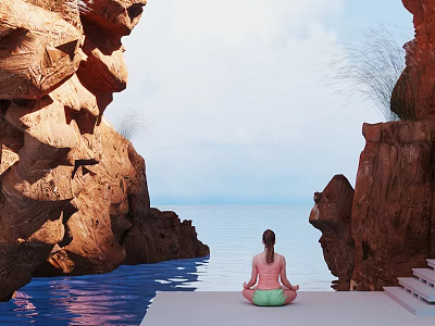 Tranquil Scenic View Between Rocky Cliffs Calm Water Reflecting Clear Sky And Meditating Figure 3d model