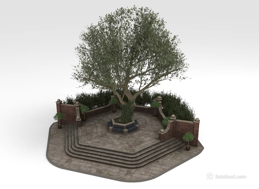 Lush Olive Tree Centerpiece with Stone Steps Low Brick Walls and Green Shrubs 3d model 