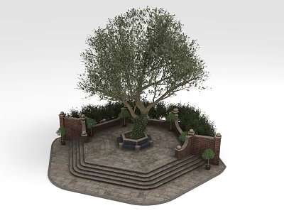 Lush Olive Tree Centerpiece with Stone Steps Low Brick Walls and Green Shrubs 3d model