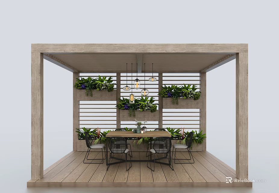 Outdoor Wooden Pergola With Hanging Lights Dining Table And Potted Plants 3d model 