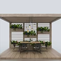 Outdoor Wooden Pergola With Hanging Lights Dining Table And Potted Plants