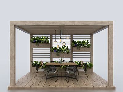 Outdoor Wooden Pergola With Hanging Lights Dining Table And Potted Plants 3d model