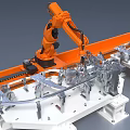Industrial Robotic Arm Operating On Metal Components With White Base And Sparks