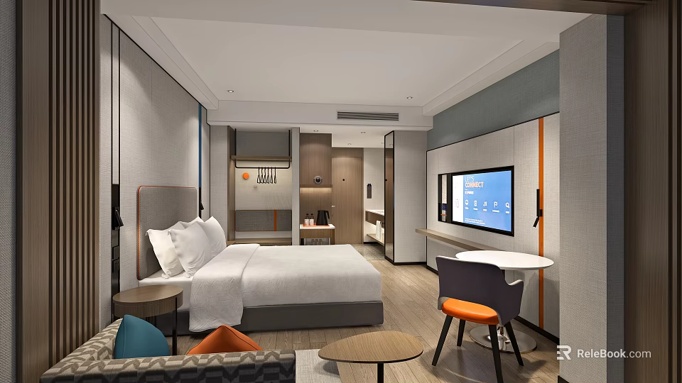 Modern Hotel Room Interior With Comfortable Bed White Bedding Sofa Colored Cushions TV And Desk 3d model 