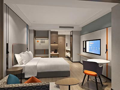 Modern Hotel Room Interior With Comfortable Bed White Bedding Sofa Colored Cushions TV And Desk 3d model