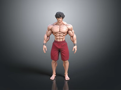 Muscular Shirtless Male Character With Black Hair Red Shorts And Barefoot In Gray Background 3d model