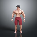 Muscular Shirtless Male Character With Black Hair Red Shorts And Barefoot In Gray Background