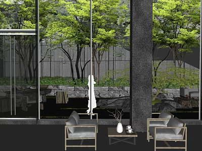 Modern Sales Office Interior With Large Glass Windows And Green Trees View 3d model
