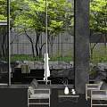 Modern Sales Office Interior With Large Glass Windows And Green Trees View