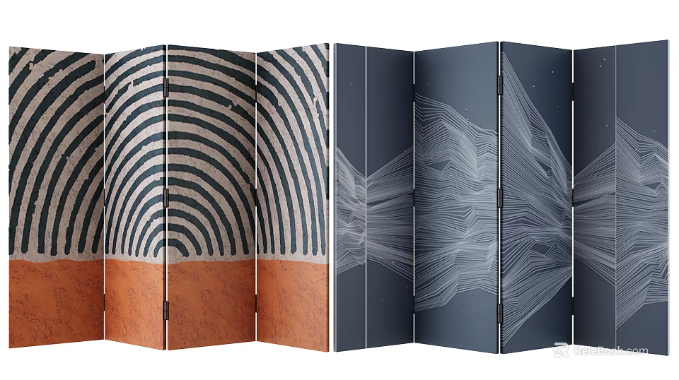 Folding Room Divider With Black White Stripes Orange Base And Dark Blue White Line Patterns 3d model 