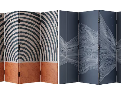 Folding Room Divider With Black White Stripes Orange Base And Dark Blue White Line Patterns 3d model