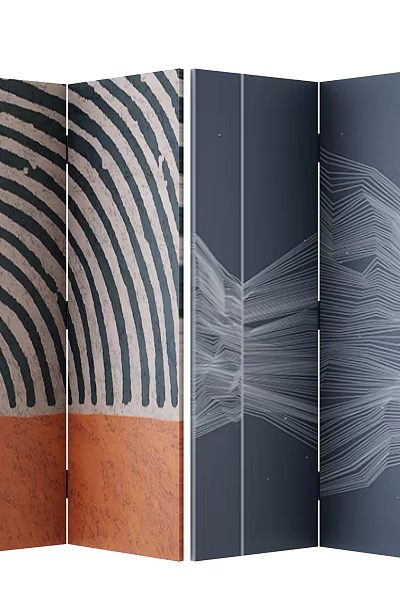 Folding Room Divider With Black White Stripes Orange Base And Dark Blue White Line Patterns 3d model
