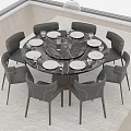 Modern Round Marble Dining Table Set With Black Leather Chairs And Plates 3d model