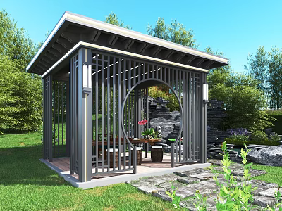 Modern Pavilion With Lattice Structure Circular Opening Seating Area And Stone Pathway In Green Lawn 3d model
