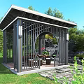 Modern Pavilion With Lattice Structure Circular Opening Seating Area And Stone Pathway In Green Lawn