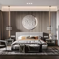 Modern Bedroom Interior With Round Decorative Wall Art Pendant Lights And Wooden Nightstands