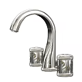 Modern Chrome Bathroom Faucet Featuring Elegant Curved Spout And Decorative Handles Design