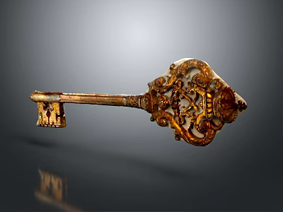 Ornate Antique Key With Intricate Carvings And Golden Brown Finish On Dark Reflective Background 3d model