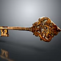 Ornate Antique Key With Intricate Carvings And Golden Brown Finish On Dark Reflective Background