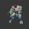 Standing Robot Character Featuring Red Head Gray Body Blue Black Details Mechanical Arms Legs
