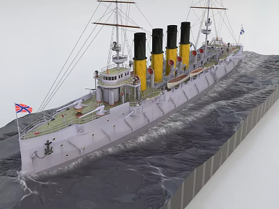 Vintage Warship Model With Black and Yellow Funnels British Flag and Sailing on Waves 3d model