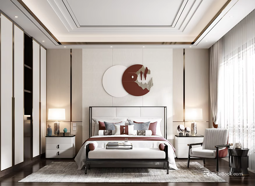 Elegant Modern Bedroom Interior With Round Decorative Wall Art Double Bed And Bedside Lamps 3d model 
