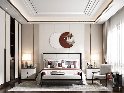 Elegant Modern Bedroom Interior With Round Decorative Wall Art Double Bed And Bedside Lamps 3d model