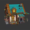 Cartoon Style House Scene with Orange Roof Blue Tiles Chimney Windows and Front Table Decorations