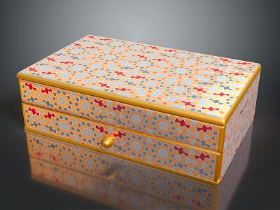 Ornate Storage Box With Colorful Geometric Patterns Orange Yellow Red Blue Accents Gold Trim 3d model