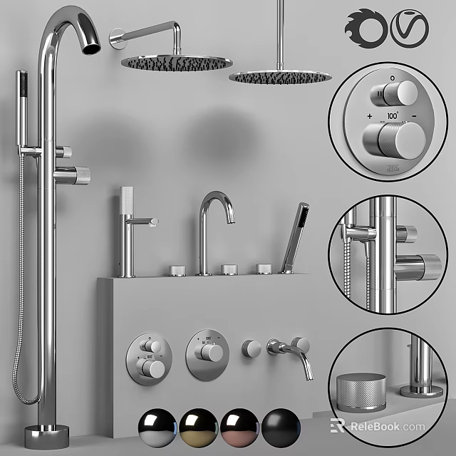Modern Bathroom Faucet With Shower Head Control Knobs And Metal Fixtures 3d model