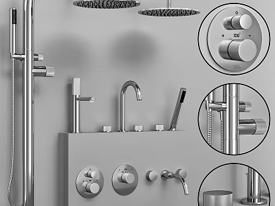 Modern Bathroom Faucet With Shower Head Control Knobs And Metal Fixtures 3d model
