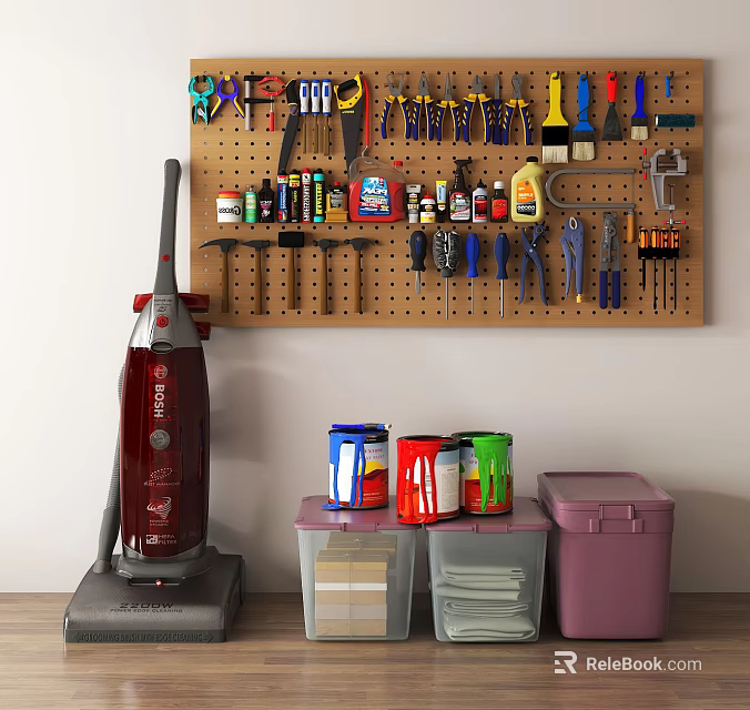 Organized Hardware Tools Display on Pegboard with Vacuum Cleaner and Storage Bins 3d model 