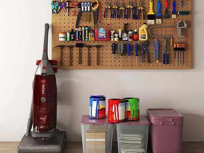 Organized Hardware Tools Display on Pegboard with Vacuum Cleaner and Storage Bins 3d model