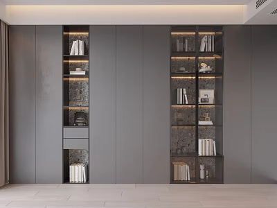Modern Study Room Interior With Gray Bookshelves LED Strip Lights Books And Decorative Items 3d model