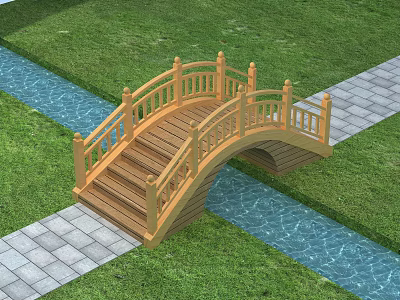 Wooden Arched Bridge in Garden with Green Grass Stream and Stone Path 3d model