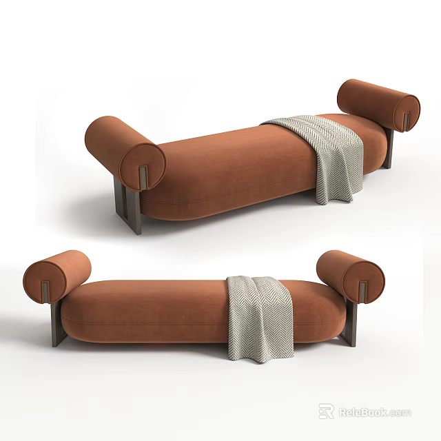 Modern Brown Sofa Bench With Cylindrical Armrests Gray Blanket And Metal Legs 3d model 