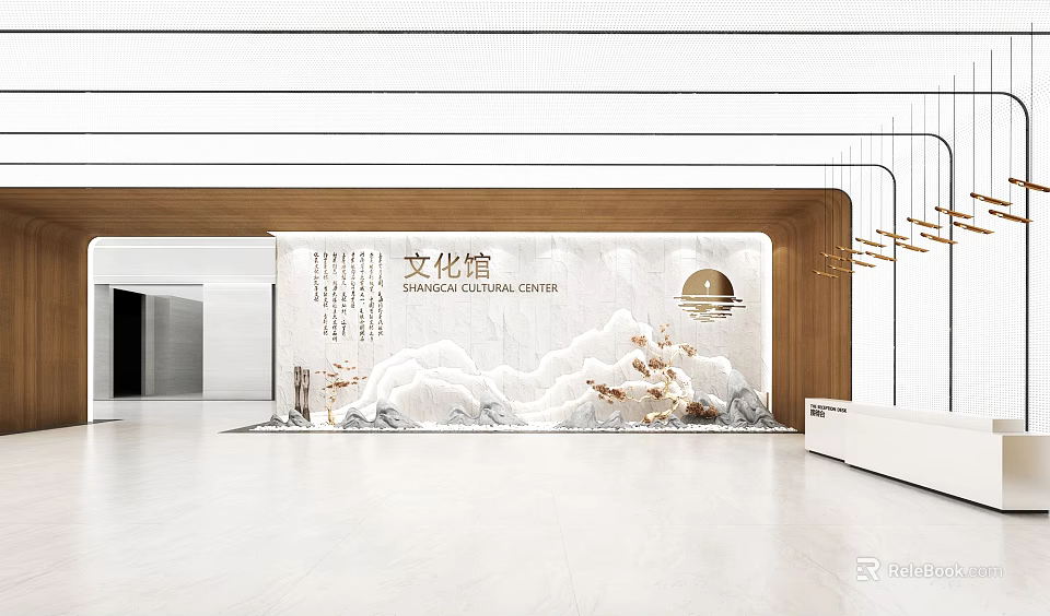 Cultural Exhibition Hall Interior With Traditional Landscape Art And Calligraphy Inscriptions 3d model 