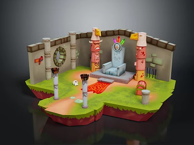 Cartoon Ancient Temple Scene With Throne Colorful Pillars Red Rug And Green Grass Platform 3d model