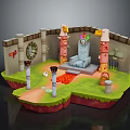 Cartoon Ancient Temple Scene With Throne Colorful Pillars Red Rug And Green Grass Platform